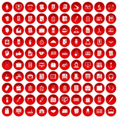 100 office icons set in red circle isolated on white vector illustration