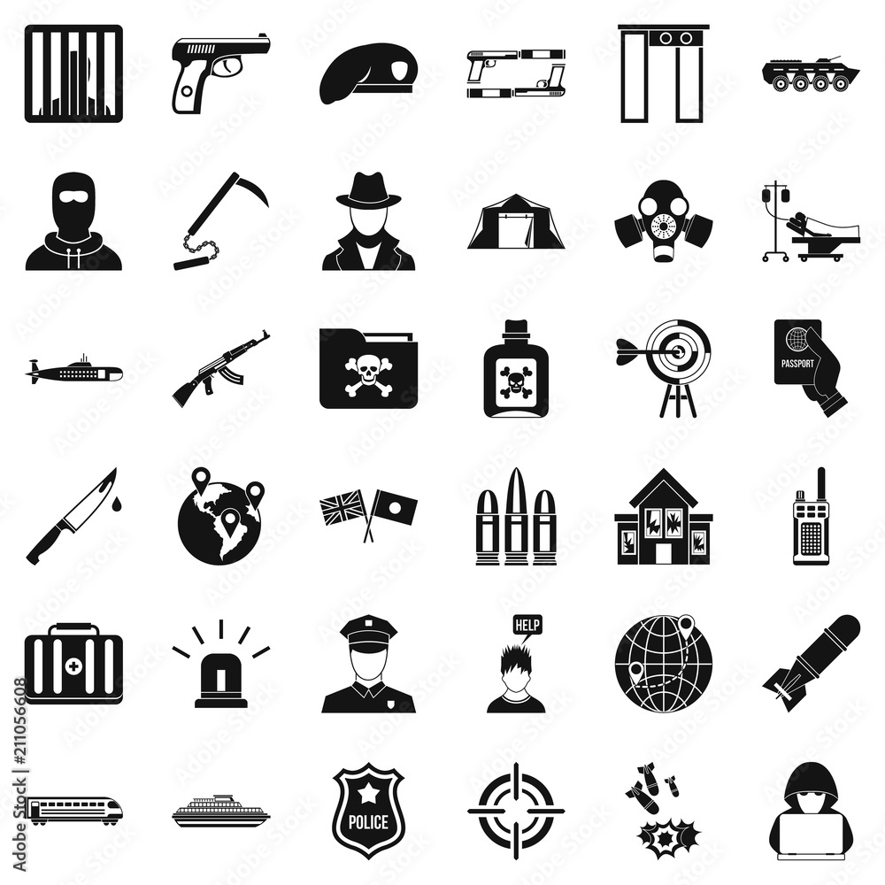 Poster world antiterrorism icons set. simple style of 36 world antiterrorism vector icons for web isolated 