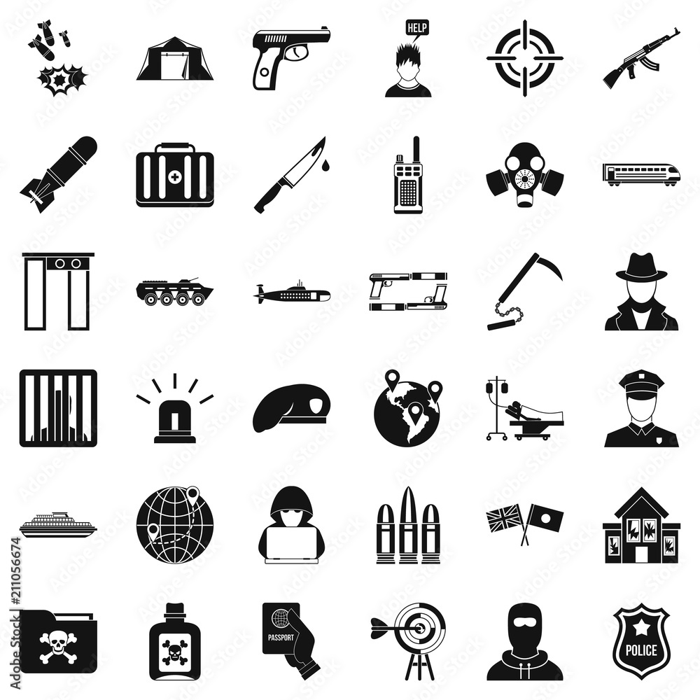 Poster antiterrorist organization icons set. simple style of 36 antiterrorist organization vector icons for
