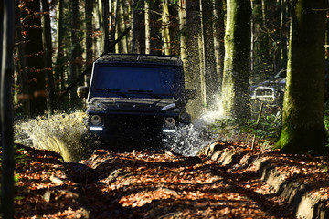 Offroad race on fall nature background. Extreme, challenge and 4x4 vehicle concept Car racing in autumn forest. SUV or offroad car on path covered with leaves crossing puddle with water splash