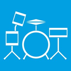 Drum kit icon white isolated on blue background vector illustration