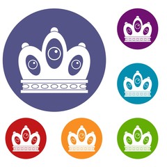 Queen crown icons set in flat circle red, blue and green color for web