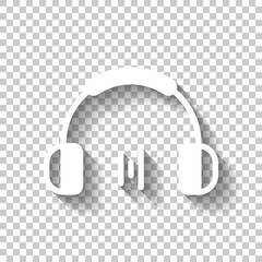 Headphones and music wave. Min volume level. Simple icon. White