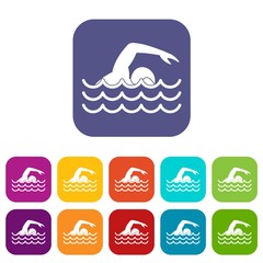 Swimmer icons set vector illustration in flat style in colors red, blue, green, and other