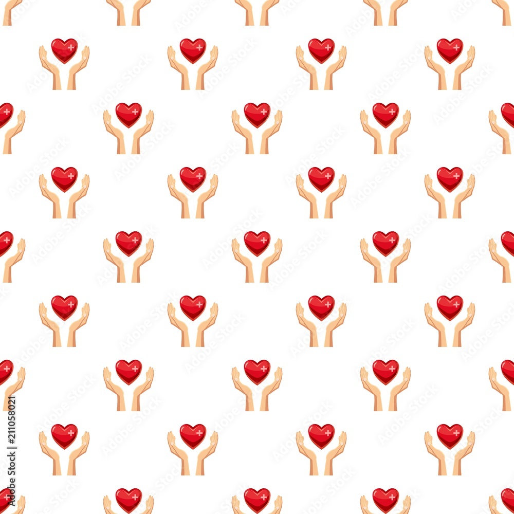 Poster hands holding red heart with cross pattern seamless repeat in cartoon style vector illustration