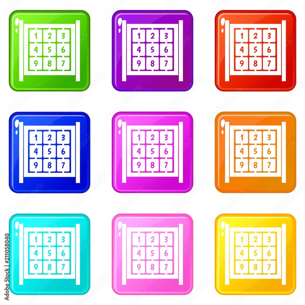 Poster cubes with numbers on playground icons of 9 color set isolated vector illustration