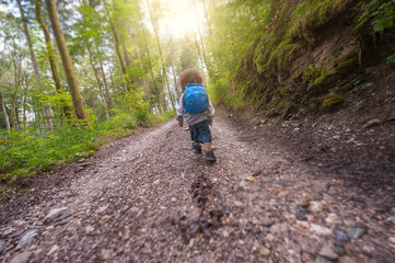 Kid hiking through forest