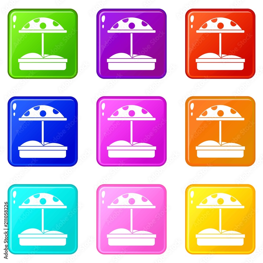 Poster sandbox with dotted umbrella icons of 9 color set isolated vector illustration