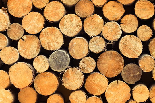 Close up background image of stacked round logs.