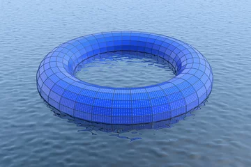 Foto op Aluminium 3D render Zonne energie concept op drijvend vlot. Ring vorm boot met zonnepanelen © emieldelange