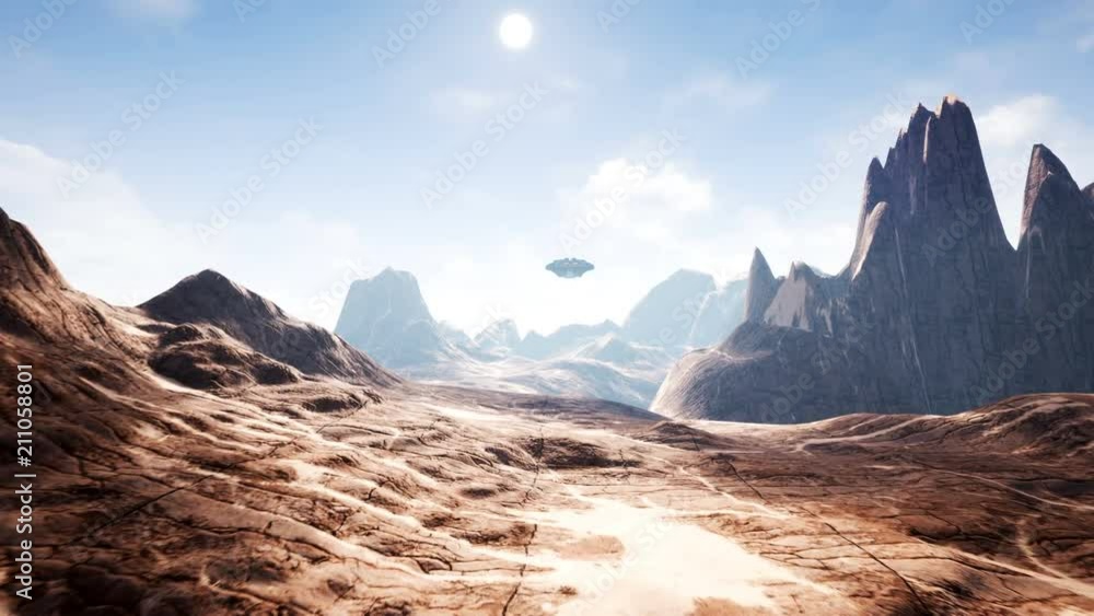 Canvas Prints a spaceship flying over an unknown planet. a futuristic concept of a ufo.