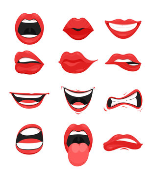 Vector illustration set of cute mouth with red lips expressions facial gestures collection. Smiling sticking, out tongue, different emotions isolated on white background.