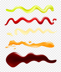 Vector illustration of a set of bright bright sauces on a transparent background. A collection that depicts strips of different sauces. Soy sauce, ketchup, mayonnaise, mustard and wasabi.