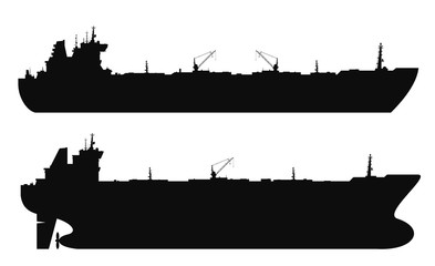 Set of 2 oil tankers silhouettes isolated white background. Vector illustration