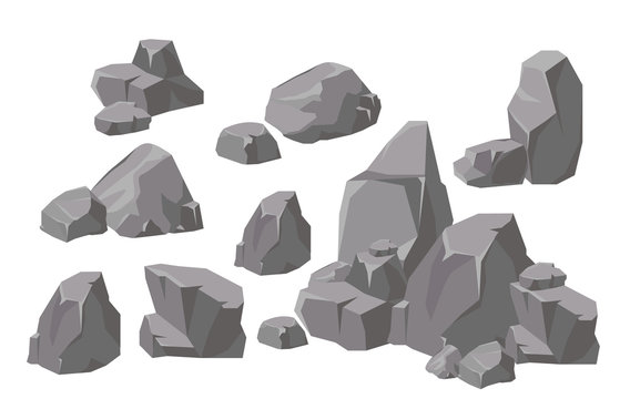 Vector illustration set of rocks and stones elements and compositions in flat cartoon style. Cartoon stone for games and backgrounds.