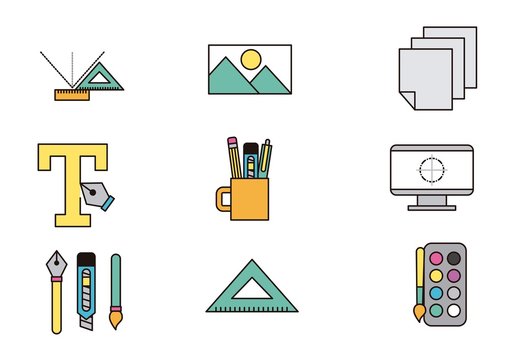 Colorful Graphic Design and Creative Tools Icons Set