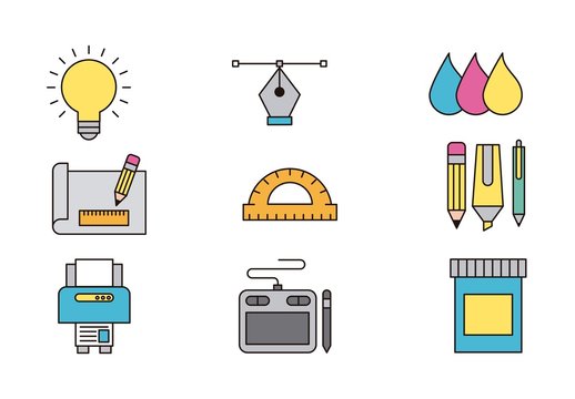 Colorful Creative Design and Art Tools Icon Set