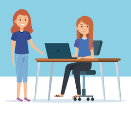 young girls in the workplace avatars characters vector illustration design