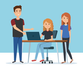 group of young people in the workplace avatars vector illustration design