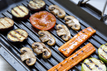 Grilled vegetables in a grilling pan, close-up.
