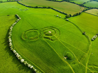 Aerial view of the Hill of Tara, an archaeological complex, containing a number of ancient monuments, County Meath, Ireland - obrazy, fototapety, plakaty