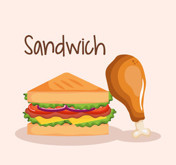 delicious sandwich with chicken drumstick fast food vector illustration design
