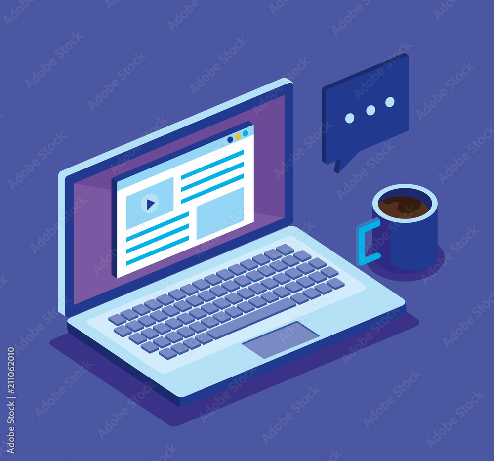 Poster laptop computer and isometrics icons vector illustration design