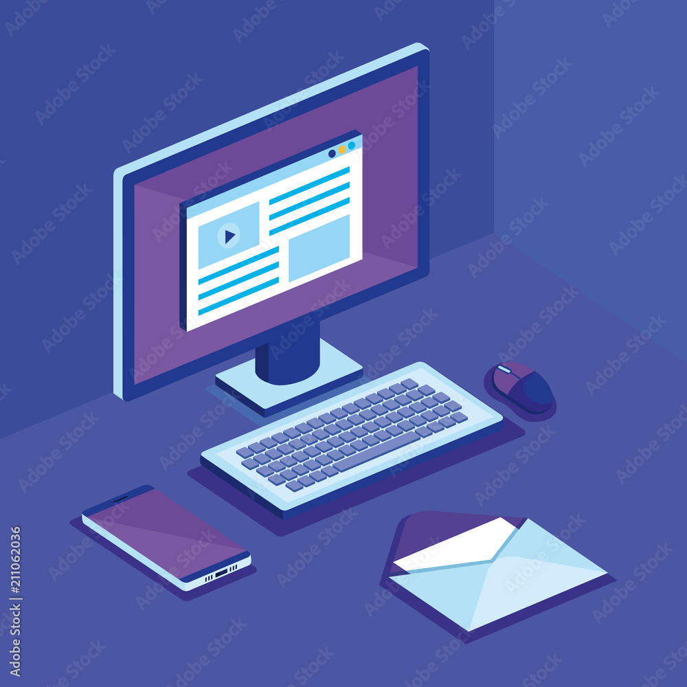 Poster isometric computer desktop digital technology vector illustration design