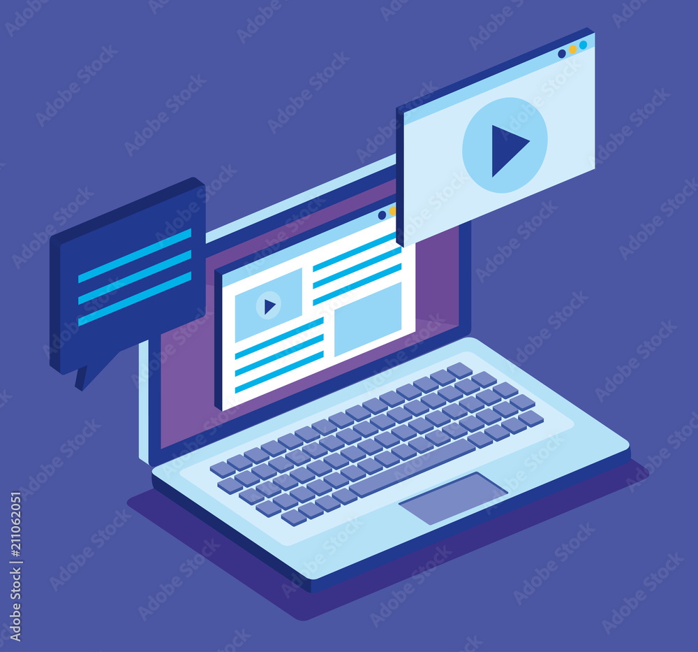 Poster laptop computer and isometrics icons vector illustration design