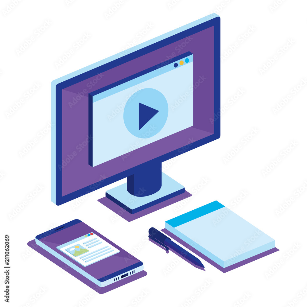 Poster isometric computer desktop digital technology vector illustration design