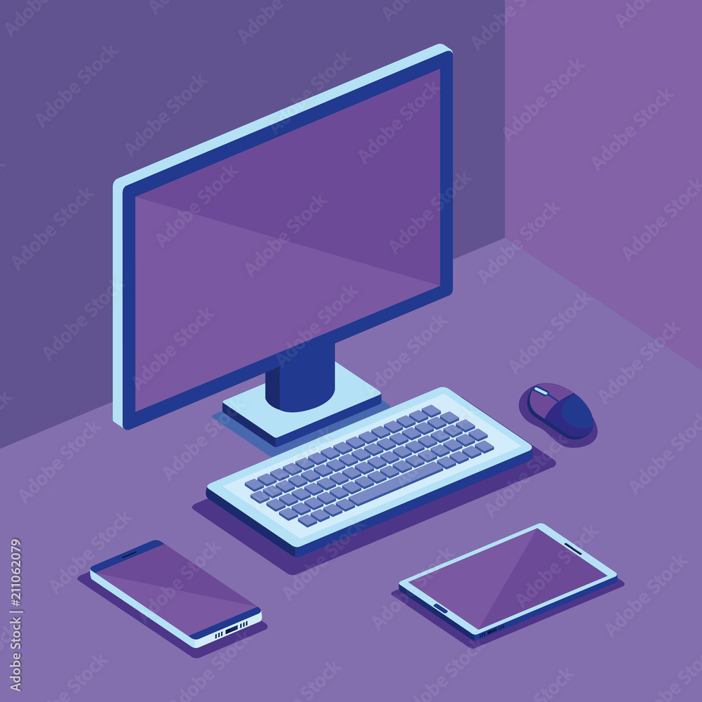 Poster isometric computer desktop digital technology vector illustration design