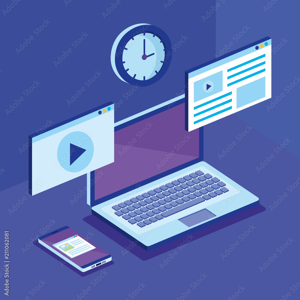 Poster laptop computer and isometrics icons vector illustration design