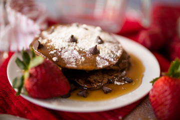 Chocolate Chip Pancakes with Maple Syrup