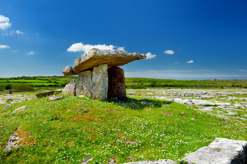 Poulnabrone dolmen, a neolithic portal tomb, popular tourist attraction located in the Burren,...