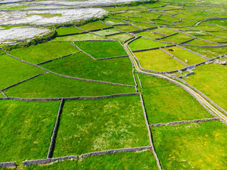 Aerial view of Inishmore or Inis Mor, the largest of the Aran Islands in Galway Bay, Ireland.