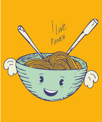 I love ramen vector illustration. Kawaii Cute Ramen Noodle Bowl with smiling face.
