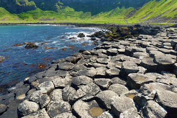 Giants Causeway, an area of hexagonal basalt stones, created by ancient volcanic fissure eruption, County Antrim, Northern Ireland.
