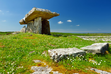 Poulnabrone dolmen, a neolithic portal tomb, popular tourist attraction located in the Burren,...