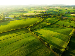 Aerial view of endless lush pastures and farmlands of Ireland. Beautiful Irish countryside with...