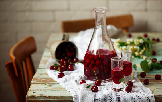 Cherry vodka..style vintage. selective focus