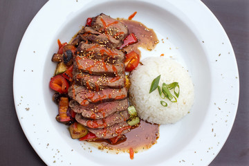Kobe beef ribeye steak with grilled vegetablesand rice