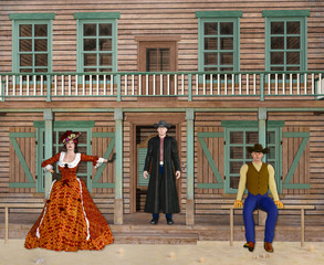 3D Illustration of Wild West Saloon with Cowboys and Madam