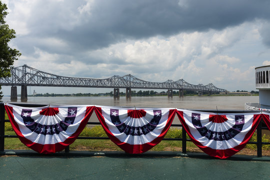 View of the bridge over the Mississippi River near the city of Natchez, Mississippi, USA; Concept for travel in the USA and travel along the Mississippi River