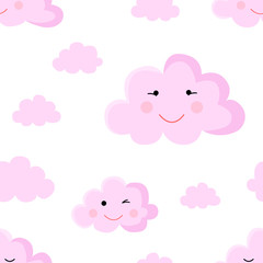 Obraz na płótnie Canvas Seamless pattern cartoon image of pink clouds. Illustration for girls at a baby shower party. Background for greeting or invitation cards.