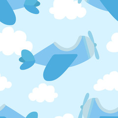 Naklejka premium Seamless pattern of airplane image and clouds in blue shades. Illustration for a boy at a baby shower party. Background for greeting or invitation cards.