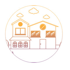 Fototapeta premium Decorative circular frame with landscape with modern houses over white background, colorful design. vector illustration