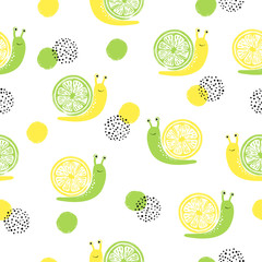 Seamless pattern with cute citrus snails.