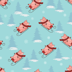 Fototapeta na wymiar Christmas pattern with cute sledding pig. Vector New Year seamless background.