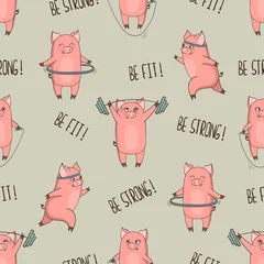Peel and stick wall murals For him Cute cartoon pigs exercising seamless pattern. Vector fitness print.
