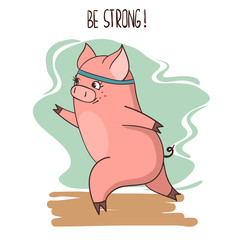 Cute cartoon running pig. Vector fitness illustration. 